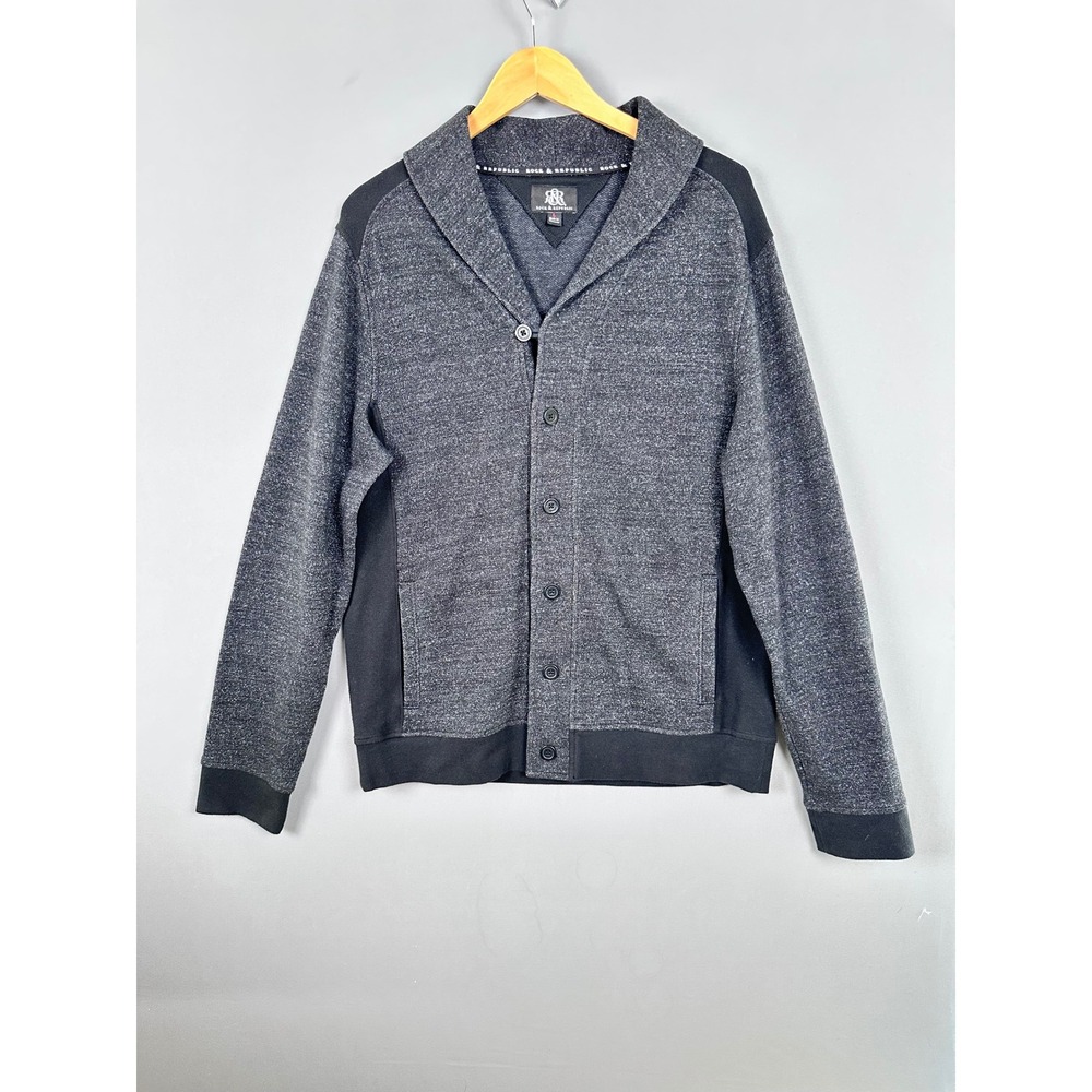 Rock & Republic Mens Shawl Collar Button Front Cardigan Sweater Gray Black‎ L